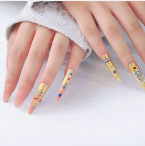 Detail of Stiletto nails with gold embossing, colorful rhinestones and Chinese cloud patterns