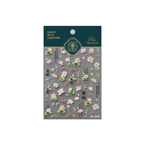 3D bronzing nail stickers with lotus and goldfish designs in pink and green, M-559