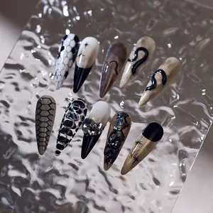 Faux ongles 3D gothiques avec motif serpent noir, étoiles et accents de strass