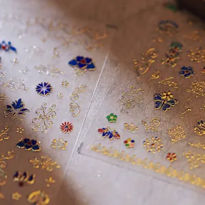 Exquisite cloisonne style nail stickers with gold stamping and butterfly floral patterns