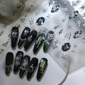 Autocollants ongles style encre M-534 avec éclat de nacre et motifs de fleurs 3D
