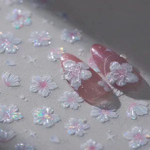 3D Relief Aurora Flower Nail Stickers Self Adhesive 5D Embossed Iridescent Sakura Star Nail Art Decals For Women Decoration