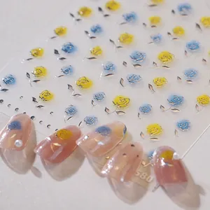 Self-adhesive 3D nail art stickers with gold-edged yellow and blue rose floral designs