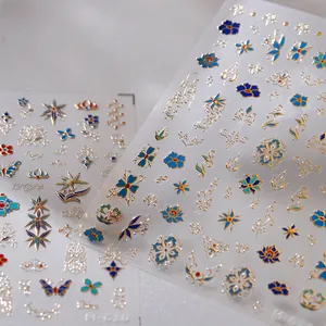 Luxury matte nail stickers M-610 with blue and gold floral butterfly palace patterns