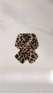 Close-up of leopard print faux fur scarf showing brown, pink, beige, and blue color options