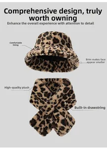 Detail of leopard print faux fur bucket hat and scarf set with soft plush texture