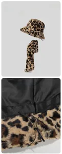 Winter leopard print faux fur hat and scarf set with built-in adjustable drawstring detail