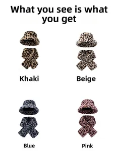 Winter faux fur leopard print hat and scarf set in khaki, beige, blue and pink colors