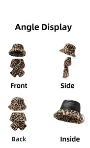 Four-angle view of leopard print plush bucket hat and scarf set showing front and back