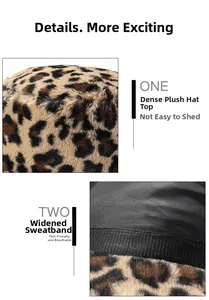 Detail of leopard print bucket hat showing plush top and widened inner sweatband