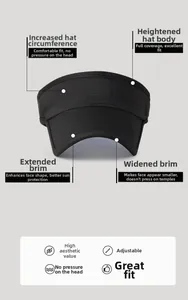 Detail of adjustable black sun visor featuring a wide brim and textured mesh fabric