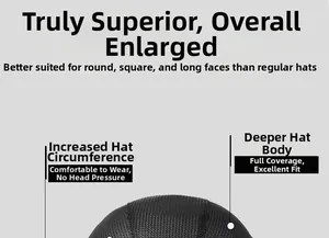 Detail of black visor cap showing enlarged circumference and deepened crown for comfort