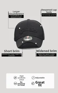 Detailed feature view of black short brim baseball cap with 3D embroidery and dimensions
