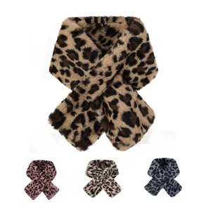 Fashion Leopard Print Faux Fur Scarf For Women Winter Warm Plush Neck Warmer Cross Crossover Scarf Outdoor Thick Collar