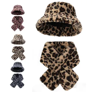 Women Winter Faux Fur Leopard Print Bucket Hat And Scarf Set Warm Plush Outdoor Windproof Fisherman Hat Neck Warmer