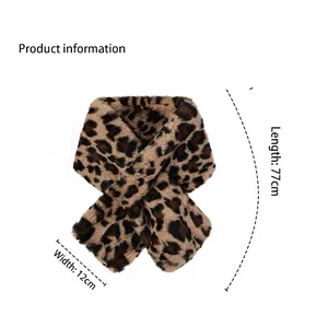 Winter faux fur leopard print infinity scarf for women, warm 77x12cm cross neck wrap