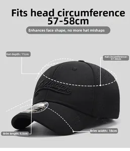 Detailed dimension guide for black short brim baseball cap with embroidery details