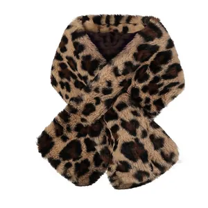 Winter faux fur leopard print infinity scarf with warm plush texture for women