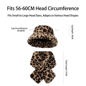 Winter leopard print bucket hat and scarf set, warm faux fur material for outdoor use