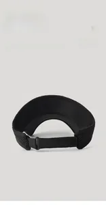 Detail view of adjustable back strap and plastic buckle on black outdoor running visor