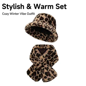 Winter leopard print faux fur bucket hat and scarf set for outdoor warmth