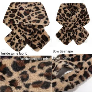 Plush leopard print faux fur scarf featuring a bow-style crossover design for winter