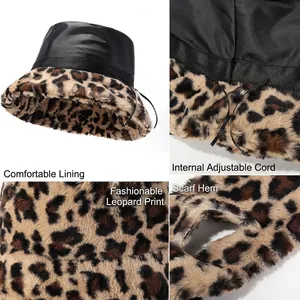 Winter leopard print bucket hat and scarf set with waterproof top and warm lining