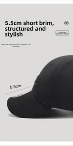 Detail of 5.5cm short brim and breathable mesh texture on black baseball cap