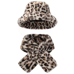 Winter leopard print faux fur bucket hat and scarf set providing warmth in cold weather