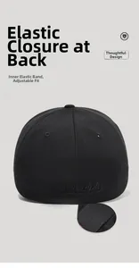 Détail du bandeau élastique sur une casquette de baseball noire fermée à l'arrière