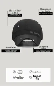 Detail view of black quick-dry short brim baseball cap with adjustable elastic strap
