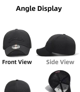 Detail view of black baseball cap showing 3D letter embroidery and side laser-cut vents