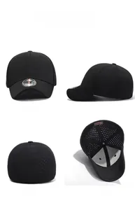 Detailed views of a black breathable baseball cap with laser-cut perforations from four angles