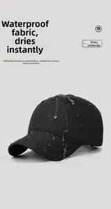 Close-up of waterproof baseball cap fabric showing hydrophobic quick-dry water droplets