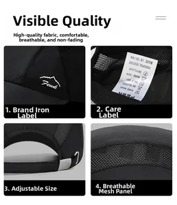 Vue détaillée des coutures en maille respirante et du logo métallique Fewk sur la casquette