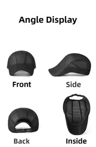 Four-angle views of a breathable black mesh flat cap showing front, side, and back details
