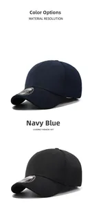 Detail of navy blue and black baseball caps showing breathable side eyelets and stickers
