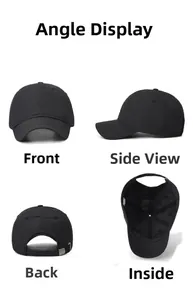 Detailed views of black waterproof baseball cap featuring adjustable metal buckle and inner structure