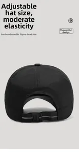 Detail showing adjustable buckle strap on black quick-dry baseball cap for custom fit