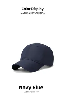 Detail of navy blue waterproof baseball cap featuring six-panel crown and reinforced stitching
