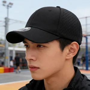 Black laser-perforated short brim baseball cap with mesh ventilation for outdoor sports