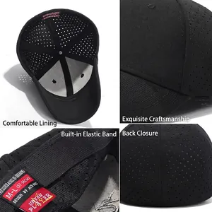 Black laser-cut perforated short brim baseball cap with a closed-back elastic design