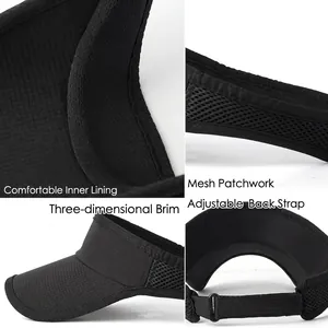 Black mesh open top running visor with breathable lining and adjustable buckle strap
