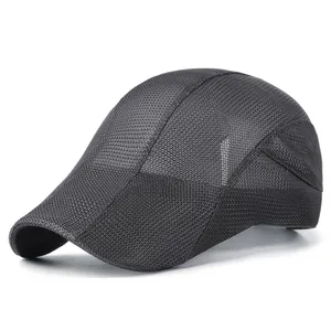 Classic black mesh flat cap for summer with breathable fabric and curved brim