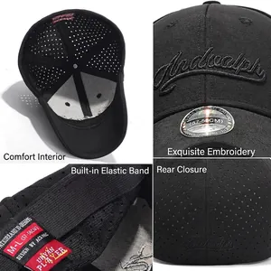Short brim closed back baseball cap with breathable mesh and embroidery details