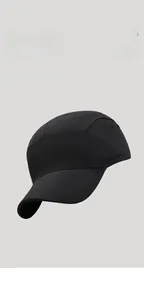 Detail of premium black five-panel baseball cap with waterproof quick-dry fabric texture