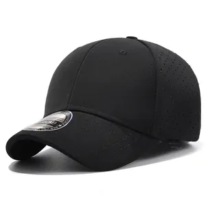 Breathable black short brim baseball cap with laser-cut ventilation holes and spandex fabric