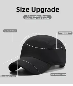 Detail view of five-panel sport cap showing 5cm short brim and mesh ventilation eyelets