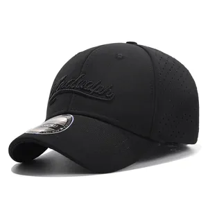 Black short brim baseball cap with 3D embroidery and breathable back mesh, size 57-58cm
