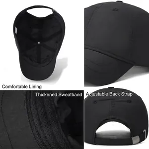 Waterproof black baseball cap with adjustable strap and breathable sweatband detail